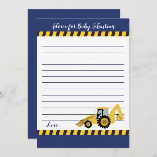 建築バックホーボーイベビーシャワーアドバイスカード アドバイスカード (正面/裏面)