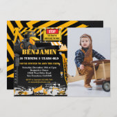 建築バックホー子供の誕生日パーティー写真 招待状 (正面/裏面)