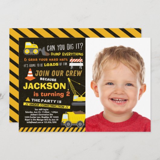 建築パーティーボーイズダンプトラックフォト誕生日 招待状 (正面/裏面)