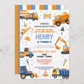 建築ビルダーディガートラック誕生日パーティー 招待状 (正面/裏面)