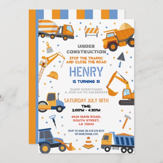 建築ビルダーディガートラック誕生日パーティー 招待状 (正面/裏面)