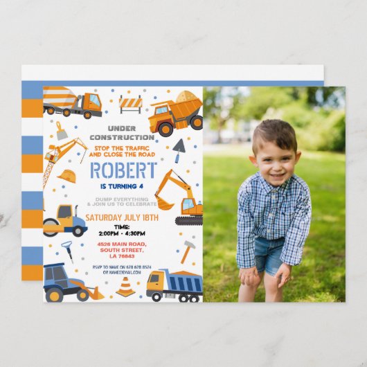 建築ビルダーディガートラック誕生日パーティー 招待状 (正面/裏面)