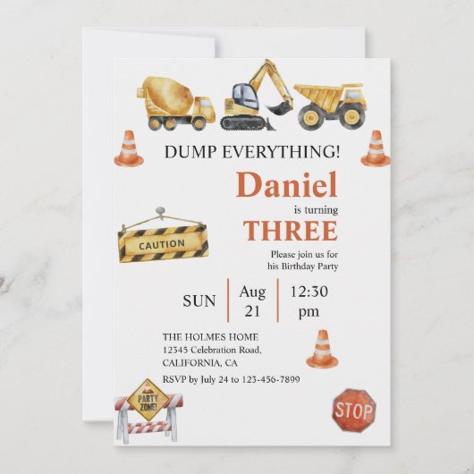 建築ビークル少年の誕生日パーティー 招待状 (正面)