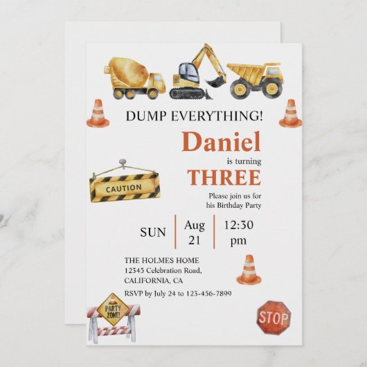 建築ビークル少年の誕生日パーティー 招待状 (正面/裏面)