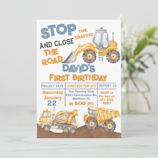 建築ファースト誕生日ダンプトラックパーティー 招待状 (スタンド正面)