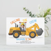建築ブルドーザーのクルー写真男の子2nd誕生日 招待状 (スタンド正面)