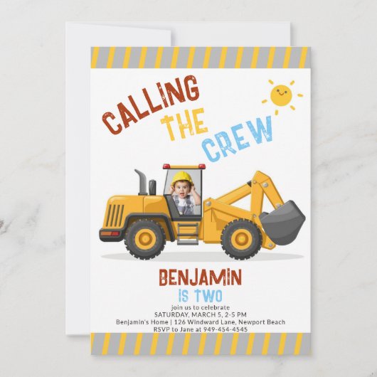 建築ブルドーザーのクルー少年2nd誕生日の写真 招待状 (正面)