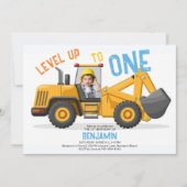 建築ブルドーザーのレベルアップ写真1st誕生日 招待状 (正面)