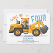 建築ブルドーザーのレベルアップ写真4th誕生日 招待状 (正面)