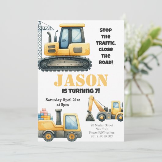建築ブルドーザー子供の誕生日パーティー 招待状 (スタンド正面)