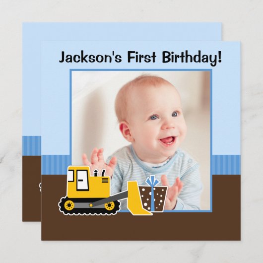 建築ブルーブラウン1歳の誕生日の男の子写真 招待状 (正面/裏面)