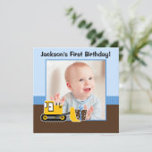 建築ブルーブラウン1歳の誕生日の男の子写真 招待状 (スタンド正面)