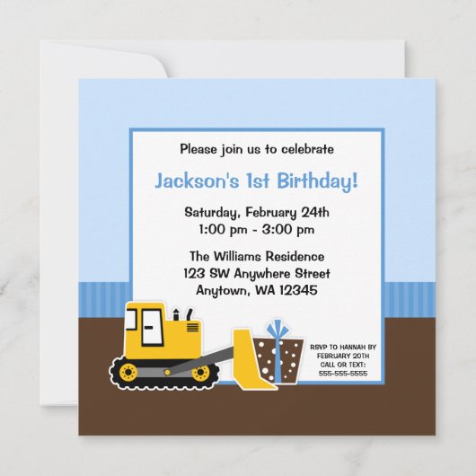 建築ブルーブラウン1歳の誕生日の男の子写真 招待状 (裏面)