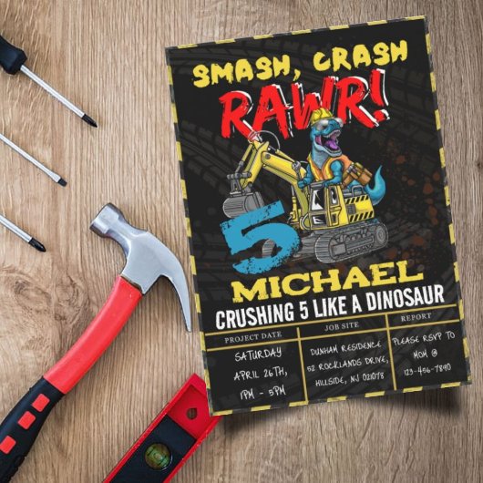 建築ボーイズ誕生日Tレックス恐竜パーティー 招待状