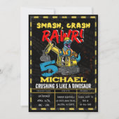 建築ボーイズ誕生日Tレックス恐竜パーティー 招待状 (正面)