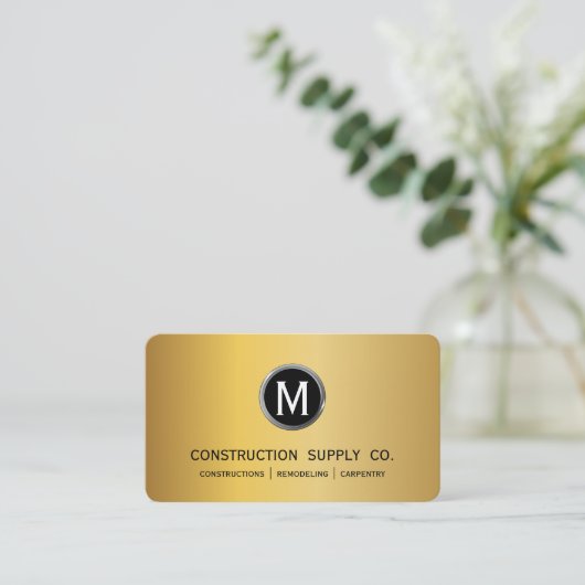 建築モダンモノグラムロゴブラック金ゴールドメタル 名刺 (スタンド正面)