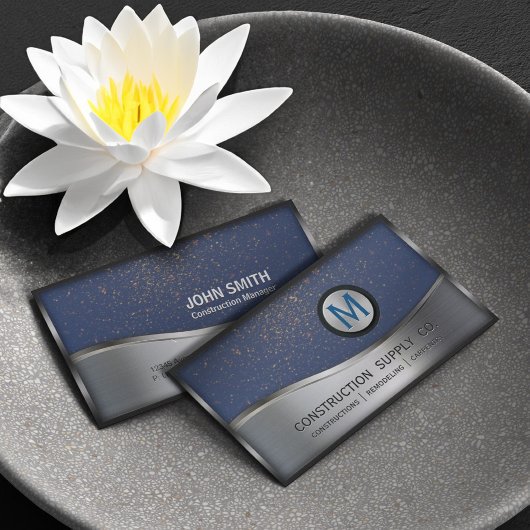 建築モノグラムロゴシルバーメタルブルー 名刺