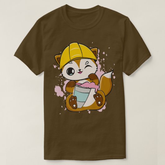 建築ワーカーキツネドリンクBoba用バブルティー Tシャツ (デザイン正面)