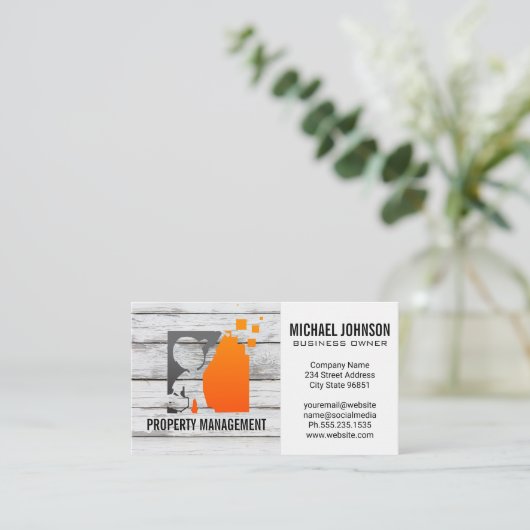 建築ワーカーロゴ |木材の背景 名刺 (スタンド正面)