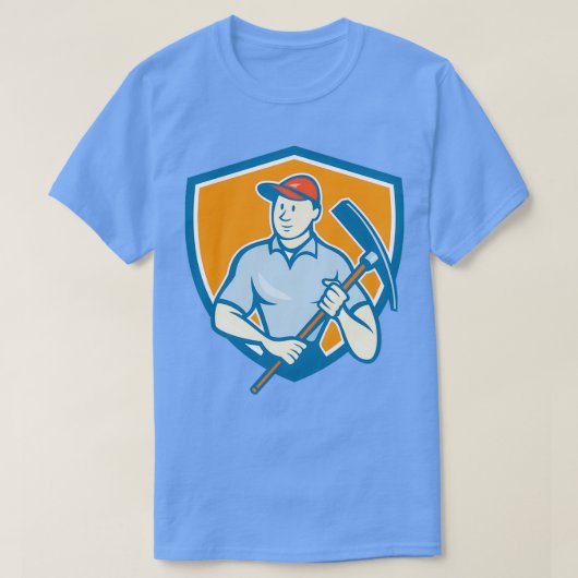 建築ワーカー保持ピッカクセシールド漫画 Tシャツ (デザイン正面)