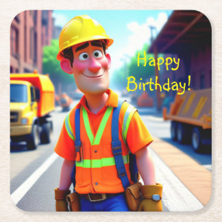 建築ワーカー誕生日 スクエアペーパーコースター