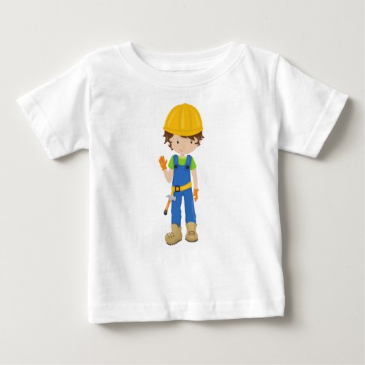 建築ワーカー、茶色の髪、かわいい男の子、ハンマー ベビーTシャツ (正面)