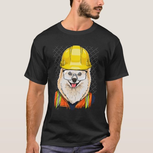 建築労働者ポメラニア犬労務者動物ペット Tシャツ (正面)