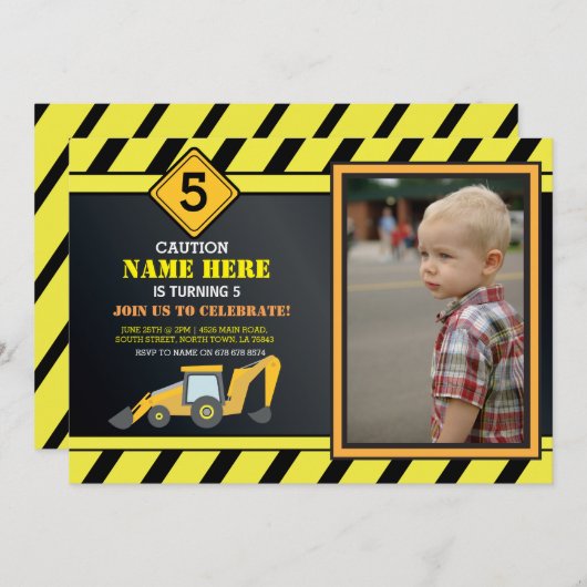 建築建物ディガートラックバースデーパーティー 招待状 (正面/裏面)