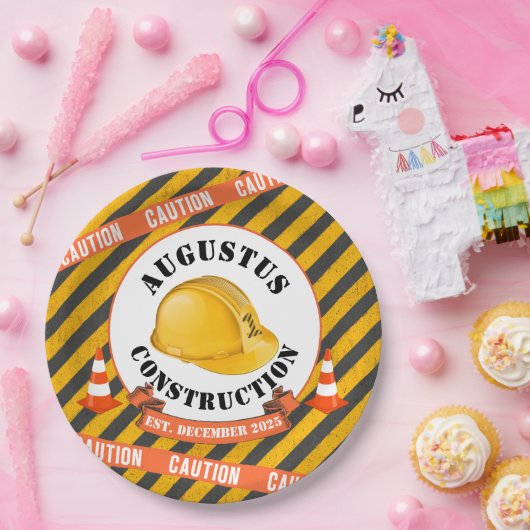 建築懸命ハット|ブラック&イエロー誕生日 ペーパープレート (パーティー)