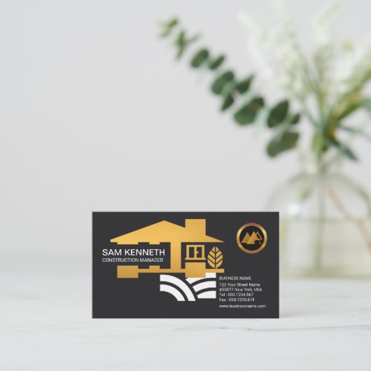 建築業者のスタイリッシュな金ゴールドの家の画像的なアイコン 名刺 (スタンド正面)