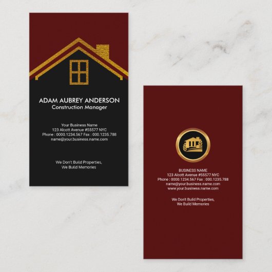 建築業者の金ゴールドの家の屋根のモチーフの建築 名刺 (正面/裏面)
