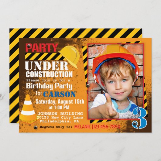建築現場の誕生日のパーティの招待状 招待状 (正面/裏面)