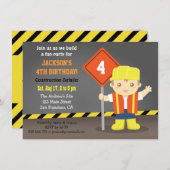 建築者の男の子の建築のテーマの誕生会 招待状 (正面/裏面)