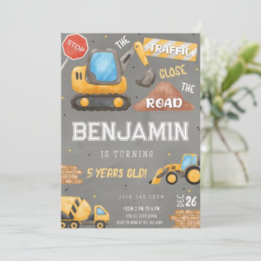 建築誕生日ダンプトラックパーティの招待状 招待状 (スタンド正面)