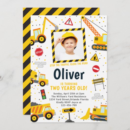 建築誕生日招待状ダンプトラックパーティー 招待状 (正面/裏面)