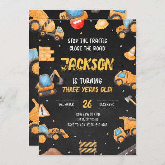 建築誕生日招待状ダンプトラックパーティー 招待状 (正面/裏面)