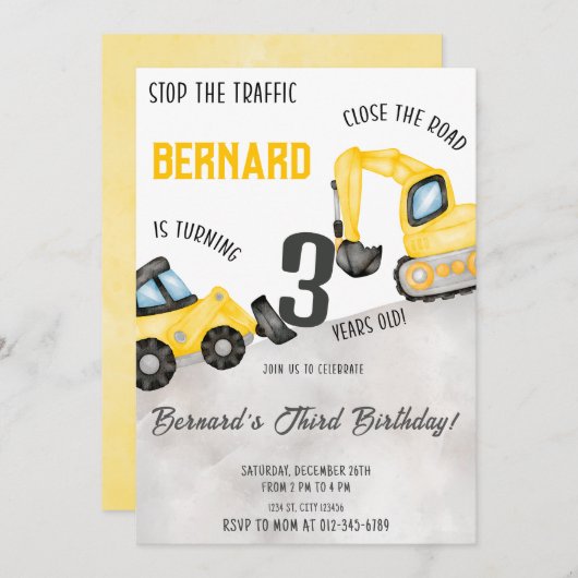 建築誕生日招待状ダンプトラックパーティー 招待状 (正面/裏面)