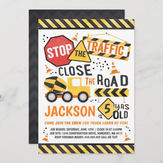 建築誕生日招待状ダンプトラックパーティー 招待状 (正面/裏面)