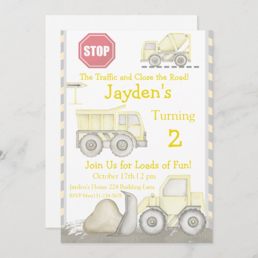 建築誕生日招待状、ブルドーザーInv 招待状 (正面/裏面)