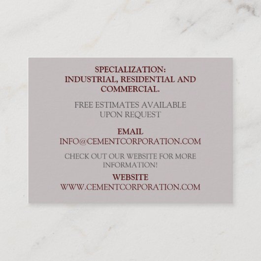 建築請負業者のコンクリートセメントの改築 名刺 (裏面)