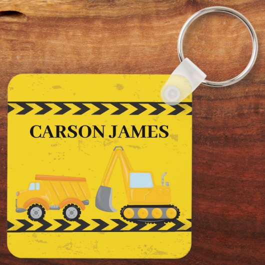 建築車かわいいパーソナライズされたイエローキッズ キーホルダー (裏面)