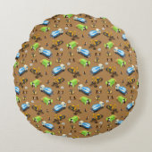 建築車と労働者のパターン投薬 ラウンドクッション (正面)