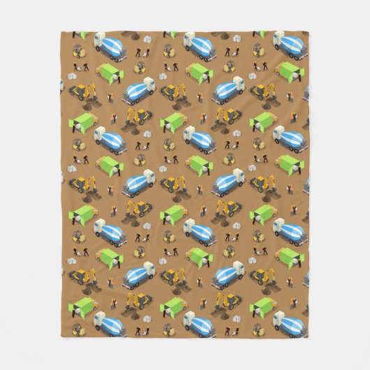 建築車と労働者のパターン毛布 フリースブランケット (正面)
