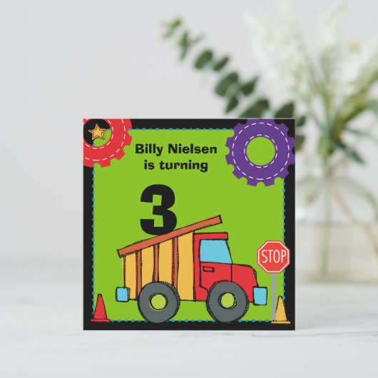 建築車のダンプトラックの誕生日の招待 招待状 (スタンド正面)