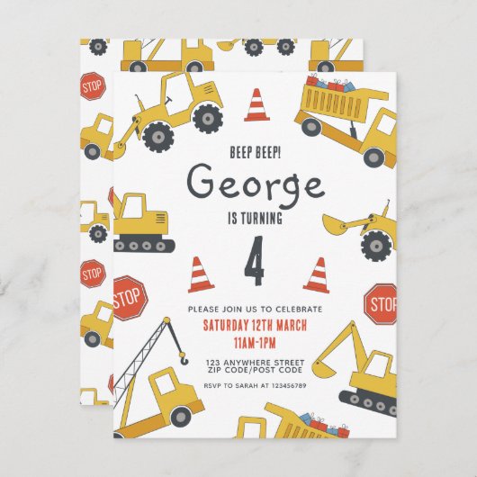 建築車の誕生日パーティーへの招待 招待状 (正面/裏面)