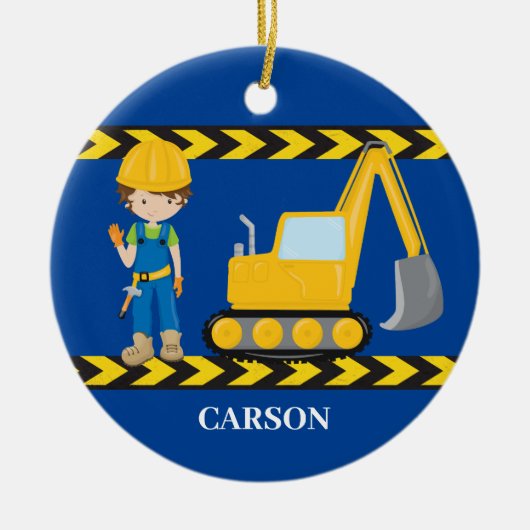 建築車カッコいいブルーボーイズパーソナライズされた セラミックオーナメント (正面)