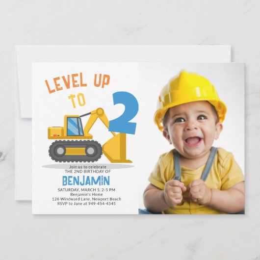 建築車パーティーフォトボーイ2nd誕生日 招待状 (正面)