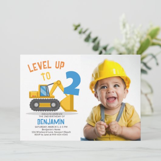 建築車パーティーフォトボーイ2nd誕生日 招待状 (スタンド正面)