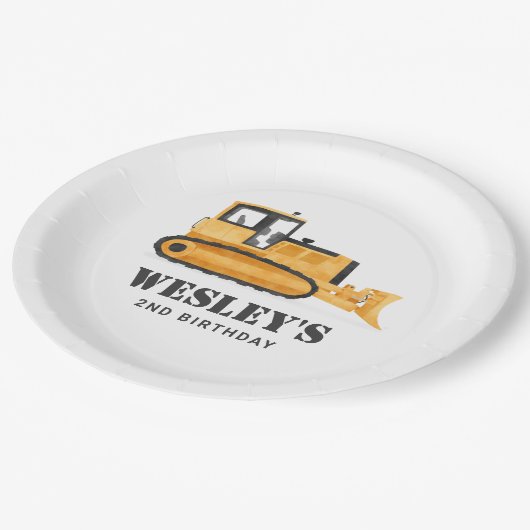 建築車ブルドーザー誕生日パーティー ペーパープレート (アングル)