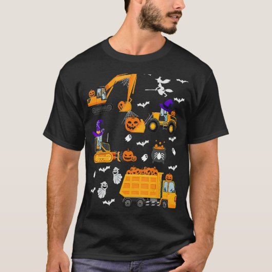 建築車両ハロウィンクレーントラックパンプキン Tシャツ (正面)